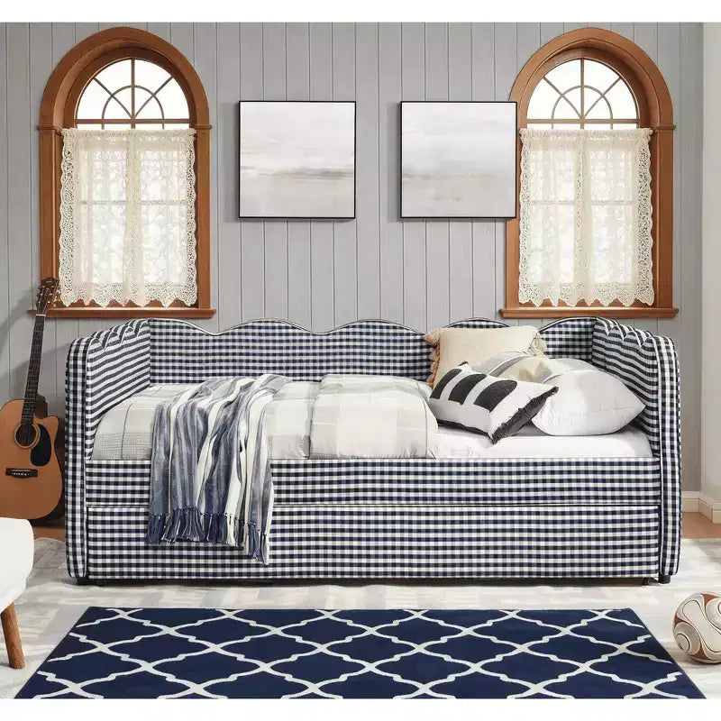Bellemave Lettino a Giorno Gingham Full Size con Porta USB e Letto Estraibile, Struttura Letto a Onde per Camera da Letto e Soggiorno.