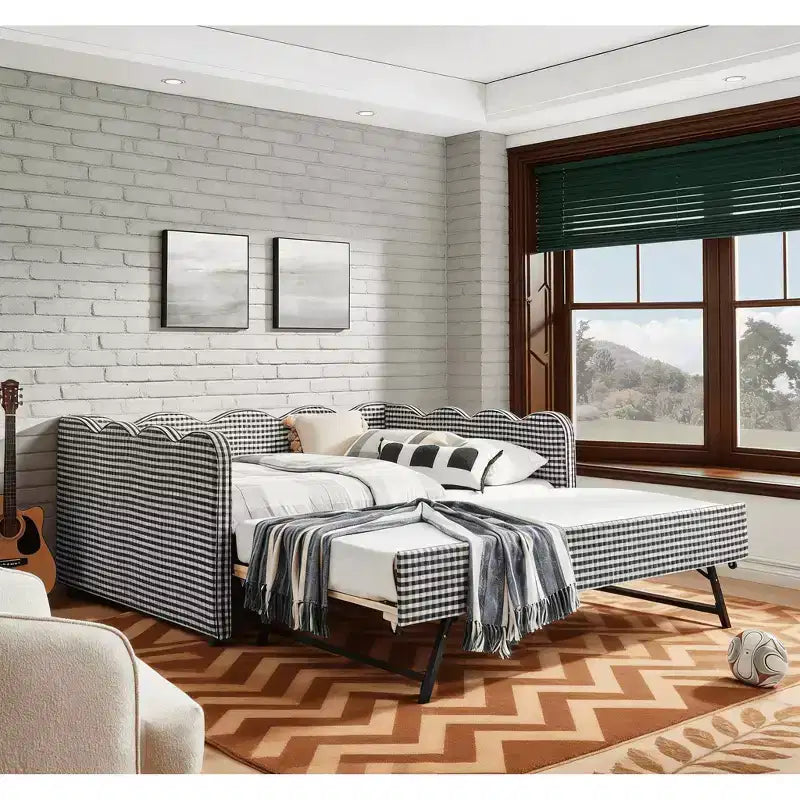 Bellemave Lettino a Giorno Gingham Full Size con Porta USB e Letto Estraibile, Struttura Letto a Onde per Camera da Letto e Soggiorno.