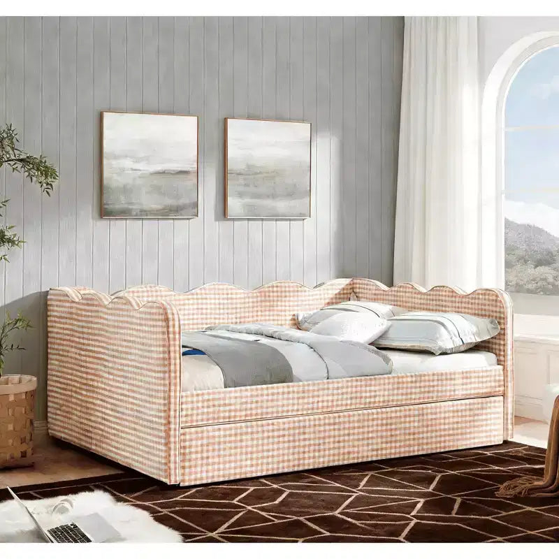 Bellemave Lettino a Giorno Gingham Full Size con Porta USB e Letto Estraibile, Struttura Letto a Onde per Camera da Letto e Soggiorno.