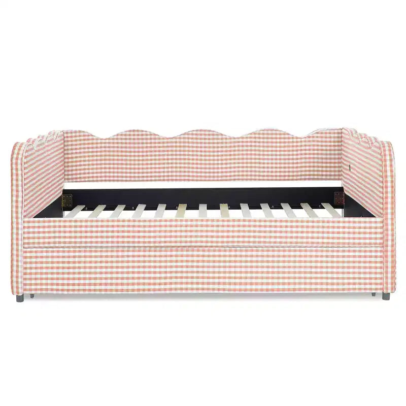 Bellemave Lettino a Giorno Gingham Full Size con Porta USB e Letto Estraibile, Struttura Letto a Onde per Camera da Letto e Soggiorno.