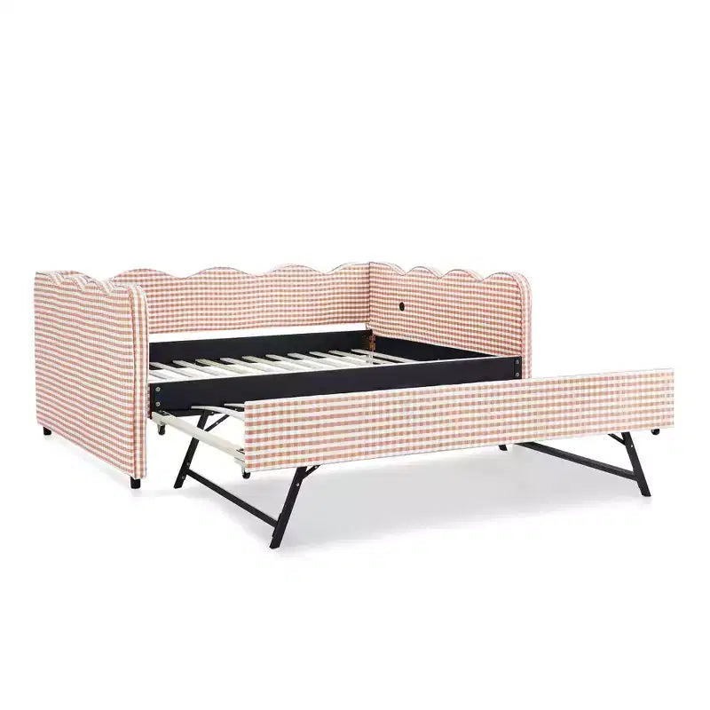 Bellemave Lettino a Giorno Gingham Full Size con Porta USB e Letto Estraibile, Struttura Letto a Onde per Camera da Letto e Soggiorno.