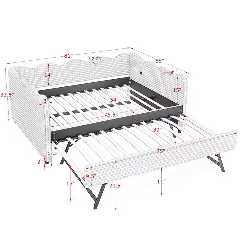 Bellemave Lettino a Giorno Gingham Full Size con Porta USB e Letto Estraibile, Struttura Letto a Onde per Camera da Letto e Soggiorno.