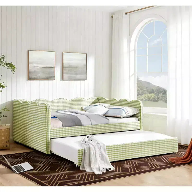Bellemave Lettino a Giorno Gingham Full Size con Porta USB e Letto Estraibile, Struttura Letto a Onde per Camera da Letto e Soggiorno.