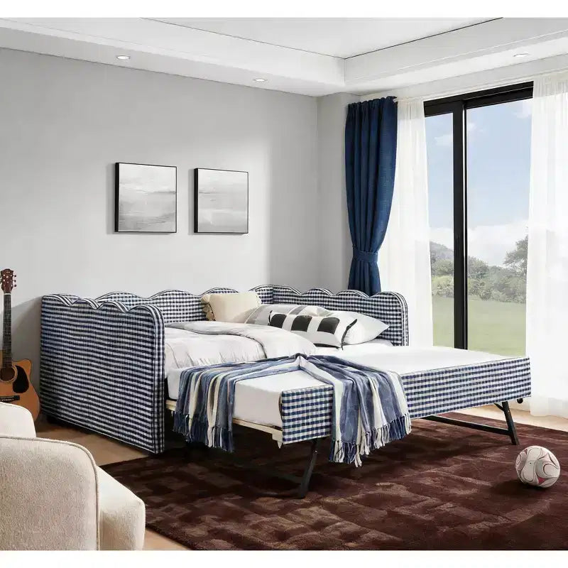Bellemave Lettino a Giorno Gingham Full Size con Porta USB e Letto Estraibile, Struttura Letto a Onde per Camera da Letto e Soggiorno.