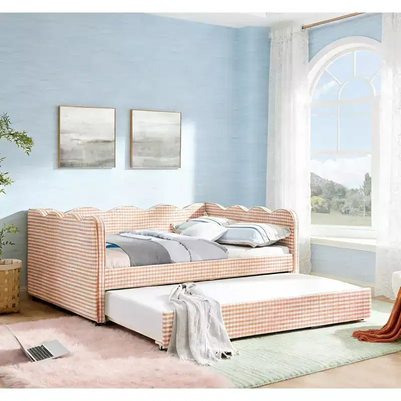 Bellemave Lettino a Giorno Gingham Full Size con Porta USB e Letto Estraibile, Struttura Letto a Onde per Camera da Letto e Soggiorno.