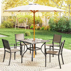 Tavolo da pranzo da esterno Outsunny per 4 persone, tavolo da patio quadrato da 94 cm con foro per ombrellone, ripiano portaoggetti e piano in finto legno per giardino, cortile, terrazza, grigio