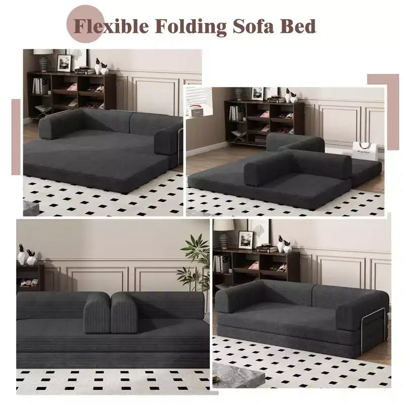 Divano Letto in Velluto a Coste, Divano Pieghevole con Materasso e Telaio a Forma Fissa, Futon King Size a 3 Posti Estraibile, Divano da Terra Senza Montaggio