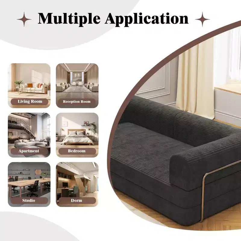 Divano Letto in Velluto a Coste, Divano Pieghevole con Materasso e Telaio a Forma Fissa, Futon King Size a 3 Posti Estraibile, Divano da Terra Senza Montaggio
