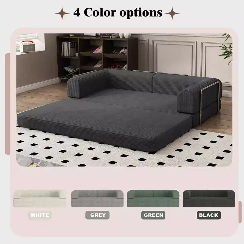 Divano Letto in Velluto a Coste, Divano Pieghevole con Materasso e Telaio a Forma Fissa, Futon King Size a 3 Posti Estraibile, Divano da Terra Senza Montaggio