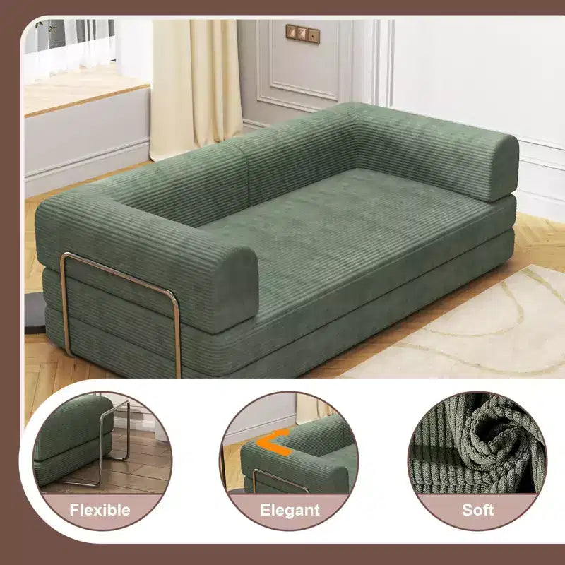 Divano Letto in Velluto a Coste, Divano Pieghevole con Materasso e Telaio a Forma Fissa, Futon King Size a 3 Posti Estraibile, Divano da Terra Senza Montaggio