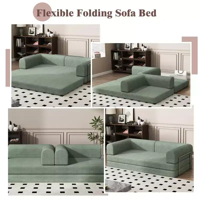 Divano Letto in Velluto a Coste, Divano Pieghevole con Materasso e Telaio a Forma Fissa, Futon King Size a 3 Posti Estraibile, Divano da Terra Senza Montaggio