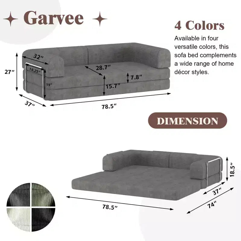 Divano Letto in Velluto a Coste, Divano Pieghevole con Materasso e Telaio a Forma Fissa, Futon King Size a 3 Posti Estraibile, Divano da Terra Senza Montaggio