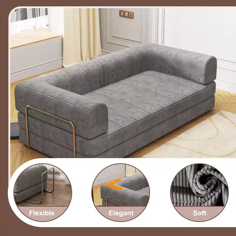 Divano Letto in Velluto a Coste, Divano Pieghevole con Materasso e Telaio a Forma Fissa, Futon King Size a 3 Posti Estraibile, Divano da Terra Senza Montaggio