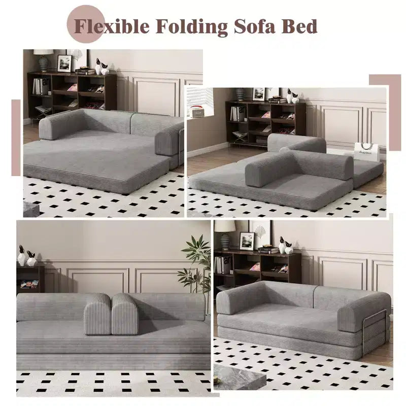 Divano Letto in Velluto a Coste, Divano Pieghevole con Materasso e Telaio a Forma Fissa, Futon King Size a 3 Posti Estraibile, Divano da Terra Senza Montaggio