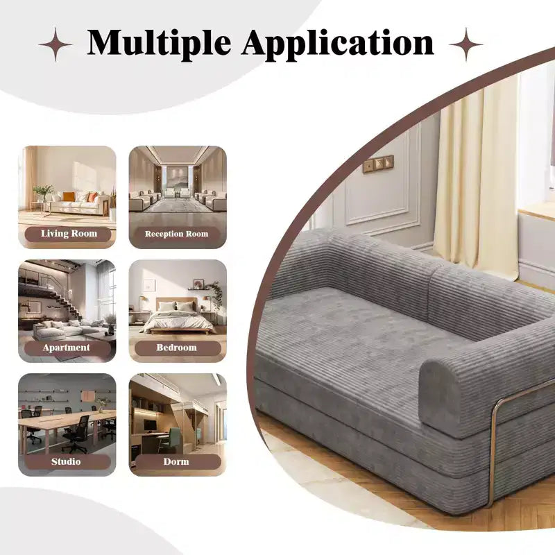 Divano Letto in Velluto a Coste, Divano Pieghevole con Materasso e Telaio a Forma Fissa, Futon King Size a 3 Posti Estraibile, Divano da Terra Senza Montaggio