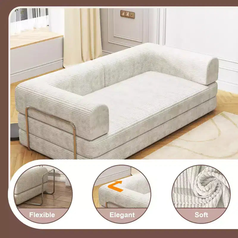 Divano Letto in Velluto a Coste, Divano Pieghevole con Materasso e Telaio a Forma Fissa, Futon King Size a 3 Posti Estraibile, Divano da Terra Senza Montaggio
