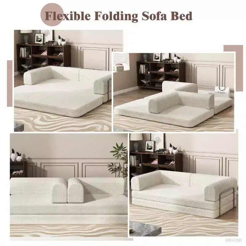 Divano Letto in Velluto a Coste, Divano Pieghevole con Materasso e Telaio a Forma Fissa, Futon King Size a 3 Posti Estraibile, Divano da Terra Senza Montaggio
