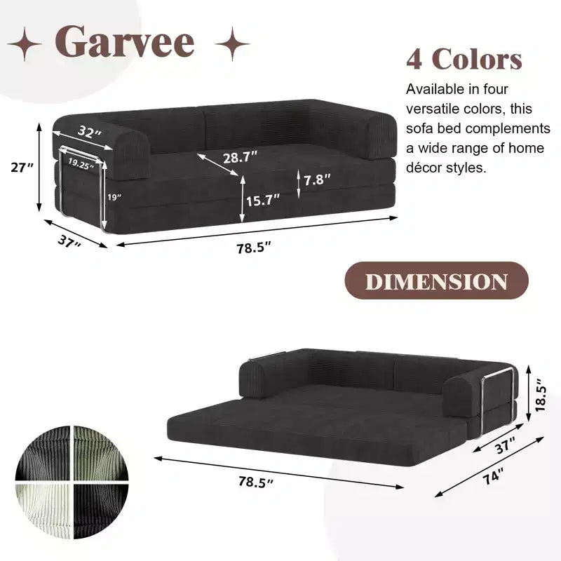 Divano Letto in Velluto a Coste, Divano Pieghevole con Materasso e Telaio a Forma Fissa, Futon King Size a 3 Posti Estraibile, Divano da Terra Senza Montaggio