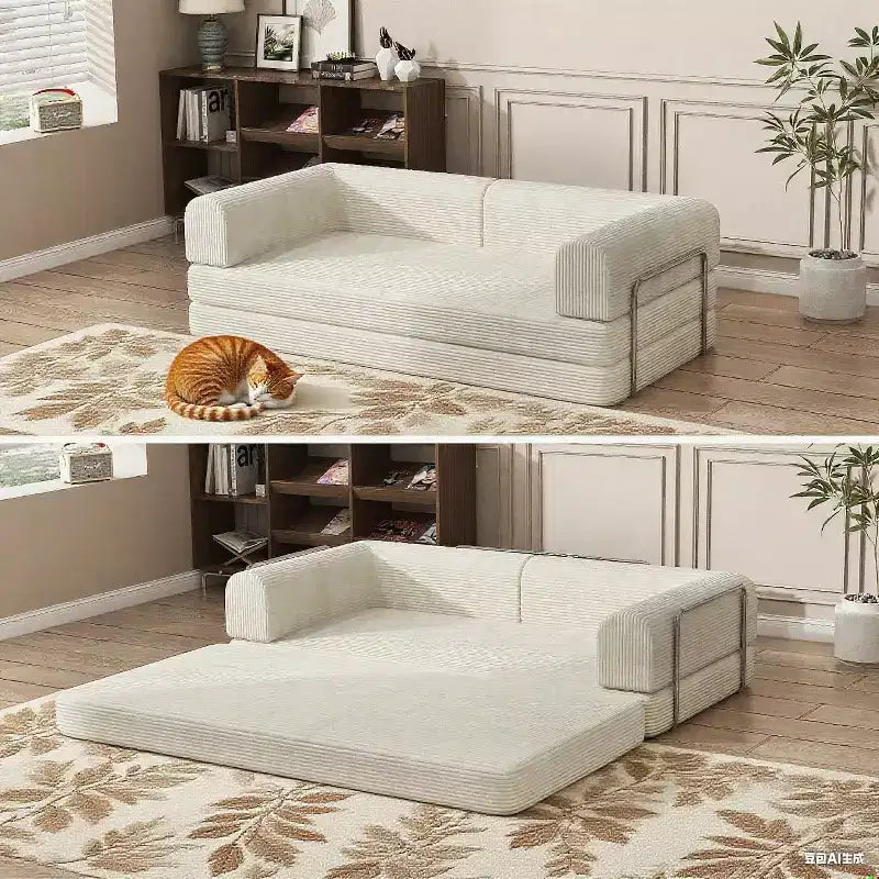 Corduroy Sleeper Sofa Bed,Folding Mattress Couch with Fixed-Shape Frame, 3 Seater Fold Out King Size Futon,No Assembly Floor Couch
