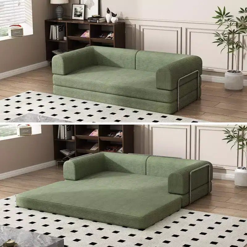 Divano Letto in Velluto a Coste, Divano Pieghevole con Materasso e Telaio a Forma Fissa, Futon King Size a 3 Posti Estraibile, Divano da Terra Senza Montaggio