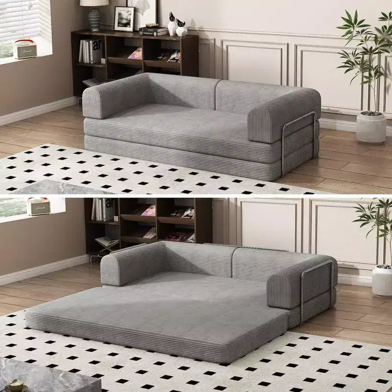 Divano Letto in Velluto a Coste, Divano Pieghevole con Materasso e Telaio a Forma Fissa, Futon King Size a 3 Posti Estraibile, Divano da Terra Senza Montaggio
