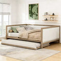 Luxystar Full Size Linen Upholstered Daybed with Trundle and Nailhead Decoration, Natural+White