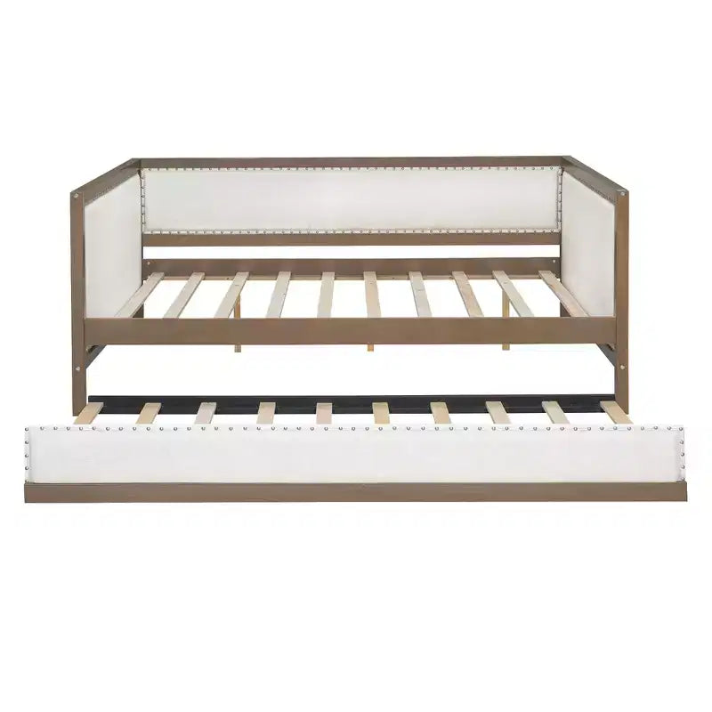 Letto a giorno matrimoniale imbottito in lino Luxystar con letto estraibile e decorazione borchiata, naturale+bianco