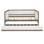 Letto a giorno matrimoniale imbottito in lino Luxystar con letto estraibile e decorazione borchiata, naturale+bianco