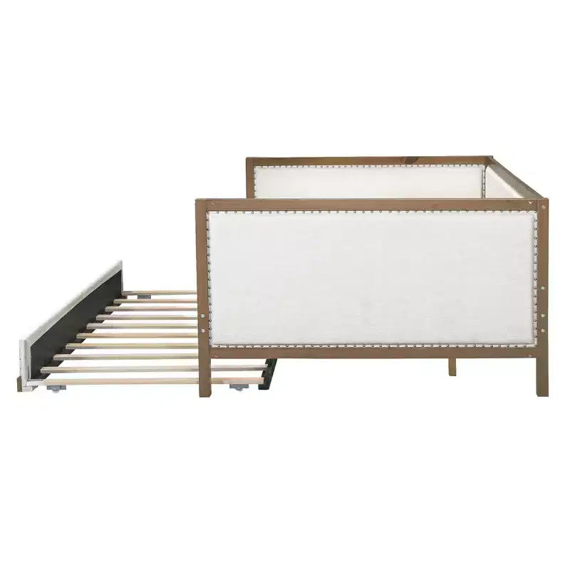 Letto a giorno matrimoniale imbottito in lino Luxystar con letto estraibile e decorazione borchiata, naturale+bianco