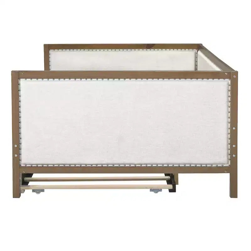 Letto a giorno matrimoniale imbottito in lino Luxystar con letto estraibile e decorazione borchiata, naturale+bianco