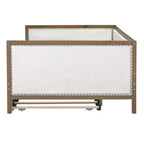 Letto a giorno matrimoniale imbottito in lino Luxystar con letto estraibile e decorazione borchiata, naturale+bianco