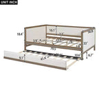 Letto a giorno matrimoniale imbottito in lino Luxystar con letto estraibile e decorazione borchiata, naturale+bianco
