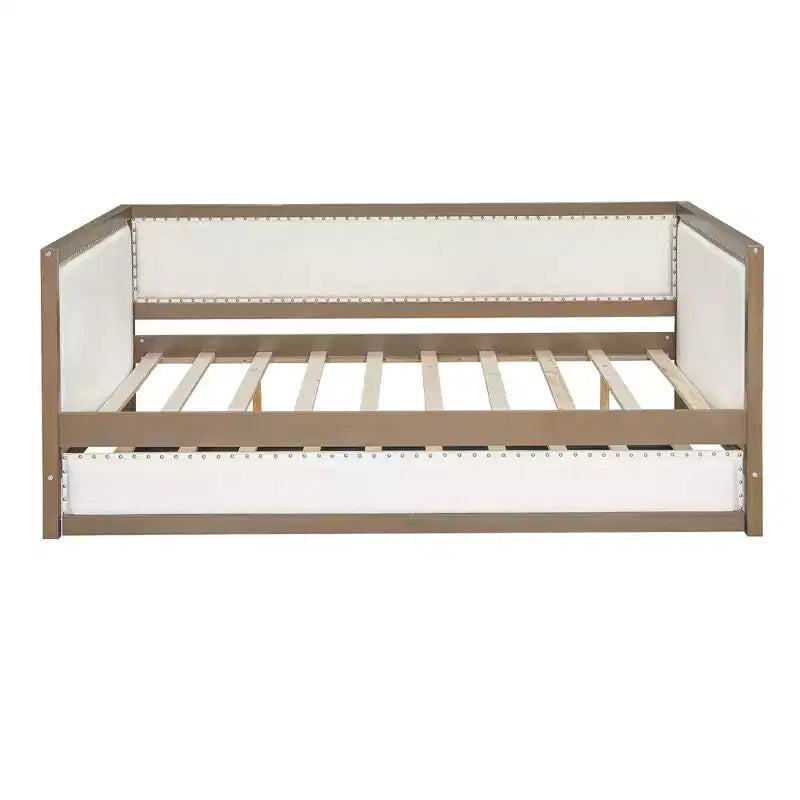 Letto a giorno matrimoniale imbottito in lino Luxystar con letto estraibile e decorazione borchiata, naturale+bianco