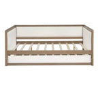 Letto a giorno matrimoniale imbottito in lino Luxystar con letto estraibile e decorazione borchiata, naturale+bianco