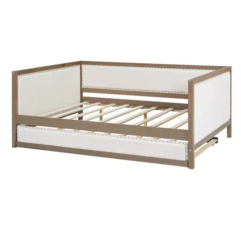 Letto a giorno matrimoniale imbottito in lino Luxystar con letto estraibile e decorazione borchiata, naturale+bianco
