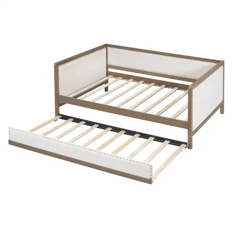 Letto a giorno matrimoniale imbottito in lino Luxystar con letto estraibile e decorazione borchiata, naturale+bianco