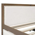 Letto a giorno matrimoniale imbottito in lino Luxystar con letto estraibile e decorazione borchiata, naturale+bianco