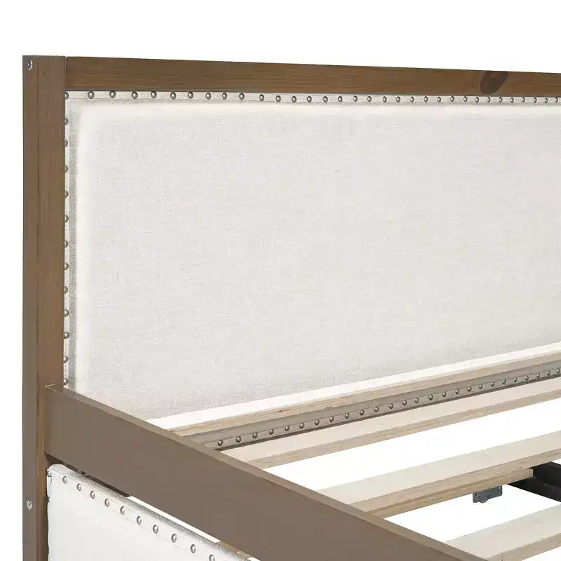 Letto a giorno matrimoniale imbottito in lino Luxystar con letto estraibile e decorazione borchiata, naturale+bianco