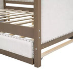 Letto a giorno matrimoniale imbottito in lino Luxystar con letto estraibile e decorazione borchiata, naturale+bianco