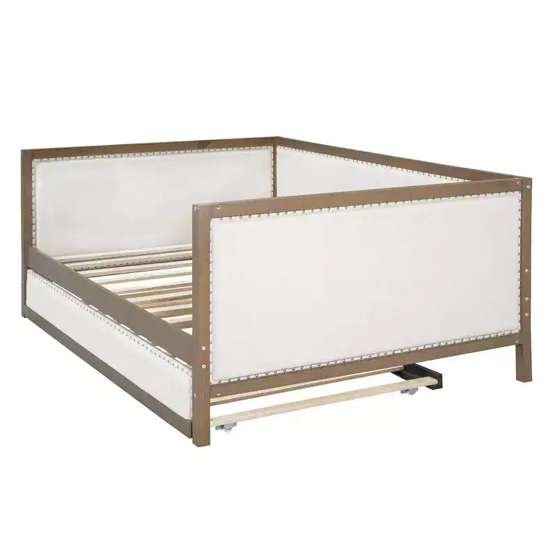 Letto a giorno matrimoniale imbottito in lino Luxystar con letto estraibile e decorazione borchiata, naturale+bianco