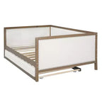 Letto a giorno matrimoniale imbottito in lino Luxystar con letto estraibile e decorazione borchiata, naturale+bianco