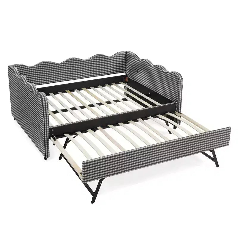 Daybed Zeus & Ruta con letto estraibile - Tessuto di lino Gingham, testiera ondulata e porta di ricarica USB