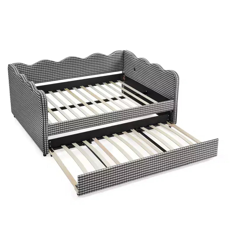 Daybed Zeus & Ruta con letto estraibile - Tessuto di lino Gingham, testiera ondulata e porta di ricarica USB