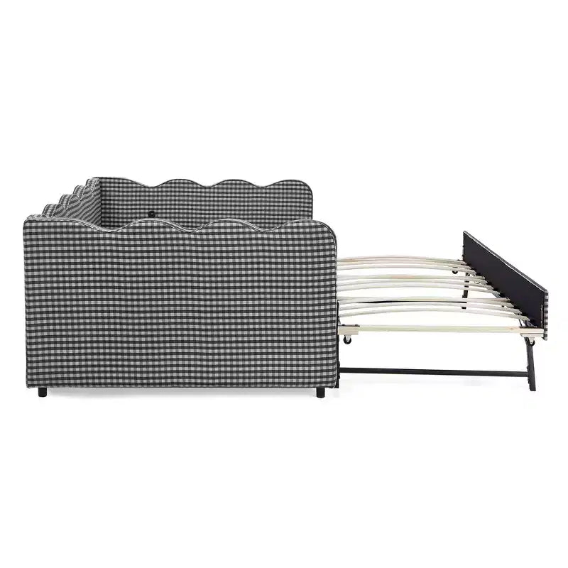 Daybed Zeus & Ruta con letto estraibile - Tessuto di lino Gingham, testiera ondulata e porta di ricarica USB