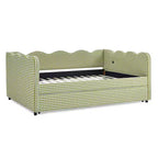 Daybed Zeus & Ruta con letto estraibile - Tessuto di lino Gingham, testiera ondulata e porta di ricarica USB