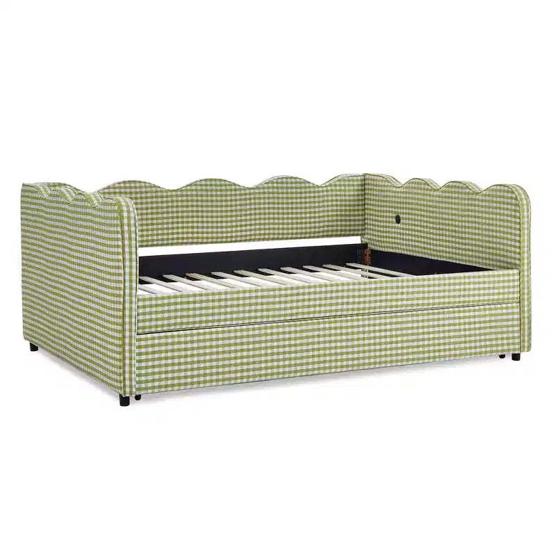 Daybed Zeus & Ruta con letto estraibile - Tessuto di lino Gingham, testiera ondulata e porta di ricarica USB
