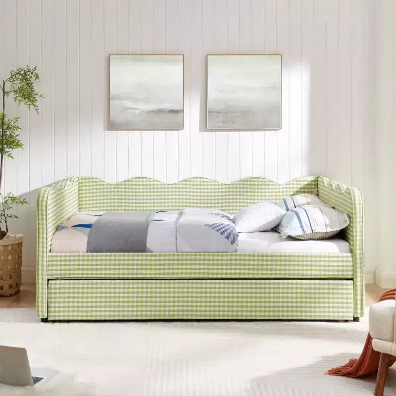 Daybed Zeus & Ruta con letto estraibile - Tessuto di lino Gingham, testiera ondulata e porta di ricarica USB
