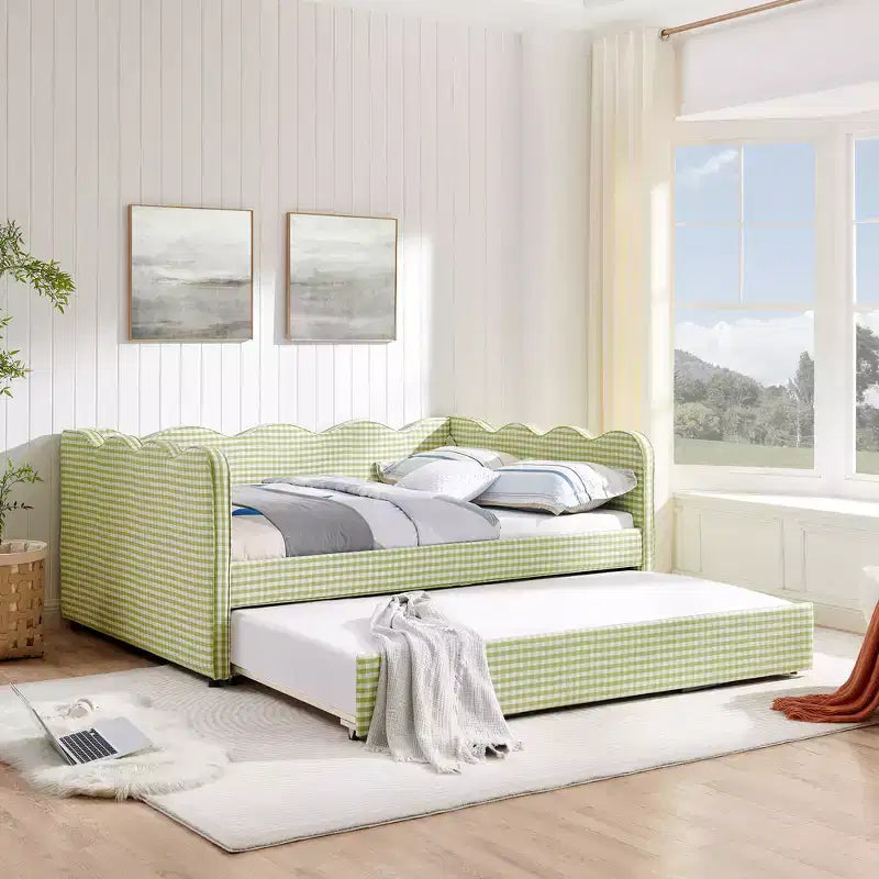 Daybed Zeus & Ruta con letto estraibile - Tessuto di lino Gingham, testiera ondulata e porta di ricarica USB