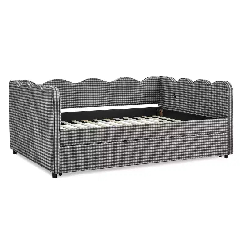 Daybed Zeus & Ruta con letto estraibile - Tessuto di lino Gingham, testiera ondulata e porta di ricarica USB