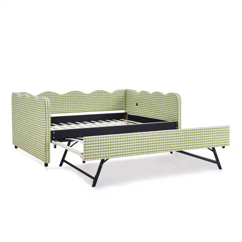 Daybed Zeus & Ruta con letto estraibile - Tessuto di lino Gingham, testiera ondulata e porta di ricarica USB